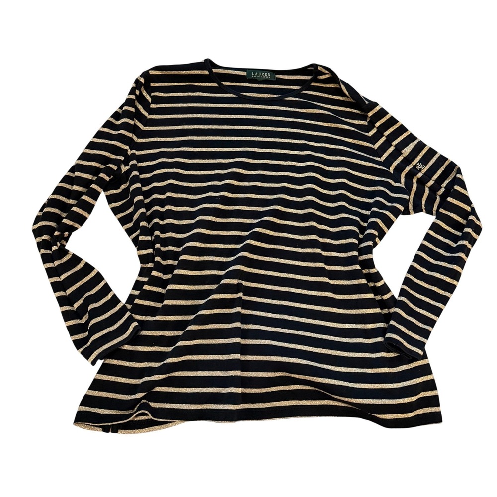 Lauren Ralph Lauren Black Gold Metallic Striped Long Sleeve Pocket Top LRL